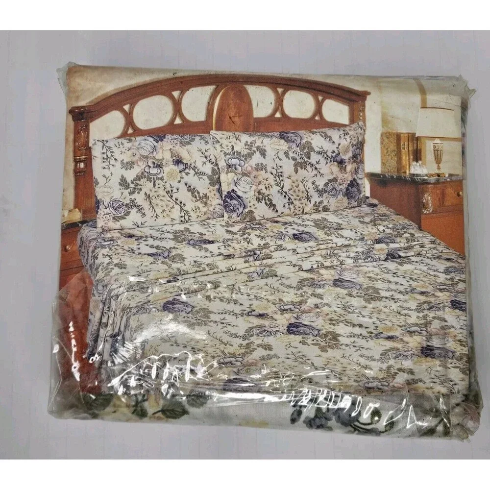 Vtg Signature 3-Piece Twin Size Sheet Set Blue & Green Floral Polyester/Cotton